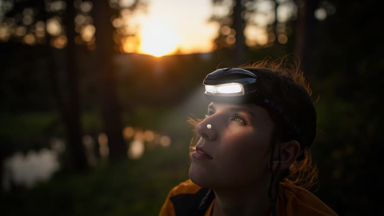 A woman wears an illuminated black headlamp in a dim forest setting as the sun sets behind her.