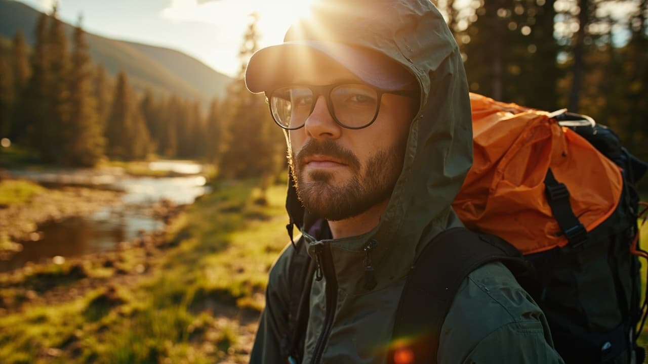 Bearded man in hooded rain jacket and cap with backpack, standing in sunlit forest by a stream.