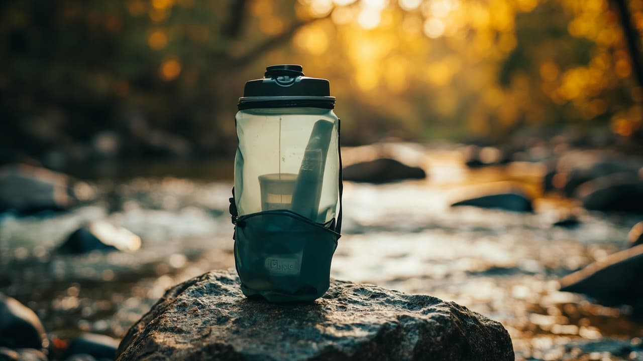 A translucent green water bottle with a black cap sits on a sunlit rock beside a shallow, rocky stream at golden hour.