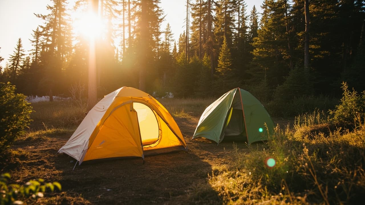Two camping tents, one yellow and one green, set up in a pine forest clearing bathed in golden sunlight.