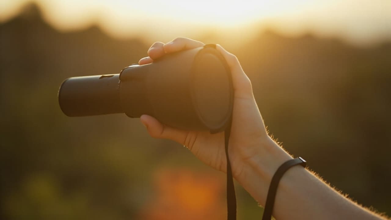 A hand holds a black compact monocular against a blurred golden sunset background.