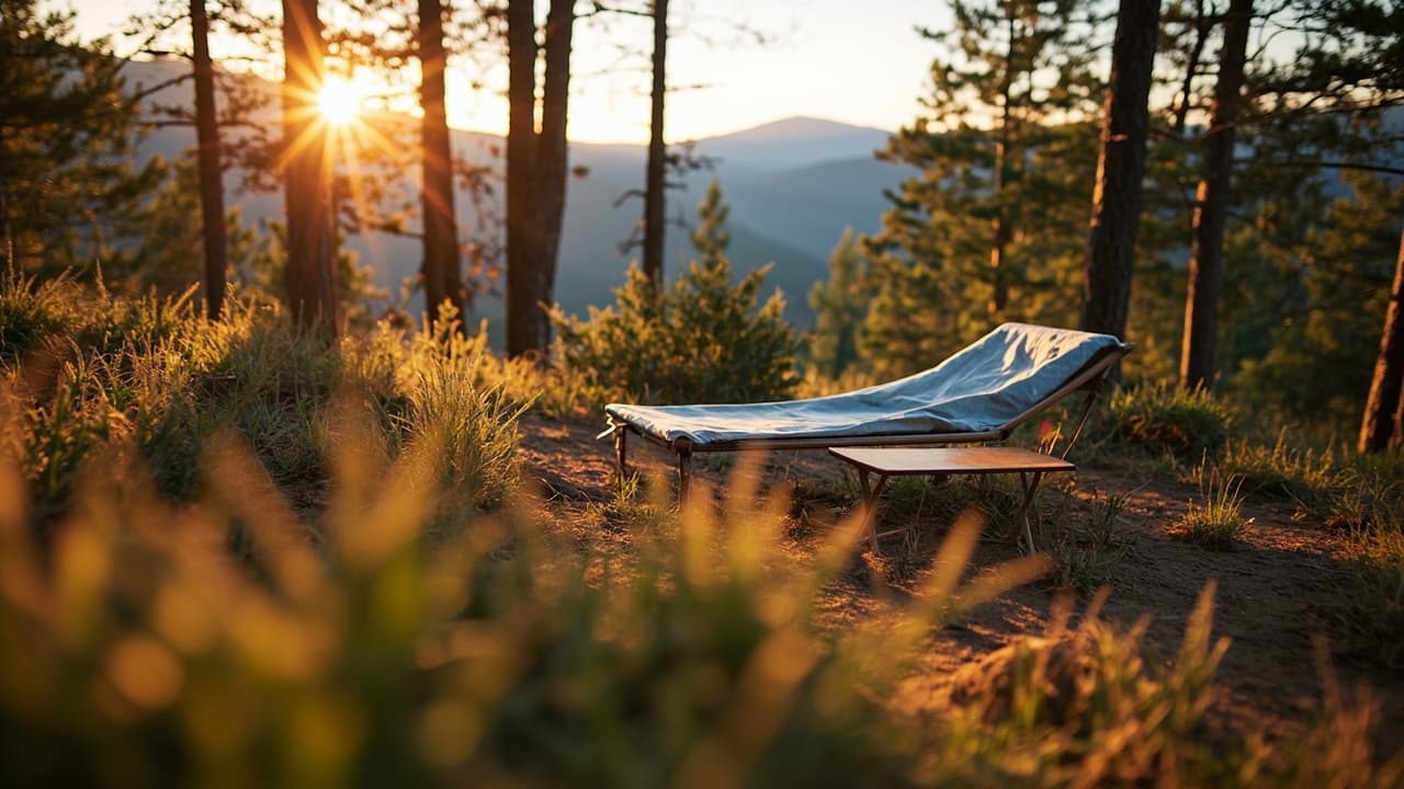 A blue camp cot and side table sit on a forest ridge at sunset, with mountain views through tall pine trees.