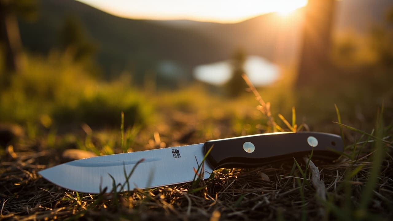 Fixed-blade knife with dark handle rests in grass at sunset with mountains and water blurred in the background.