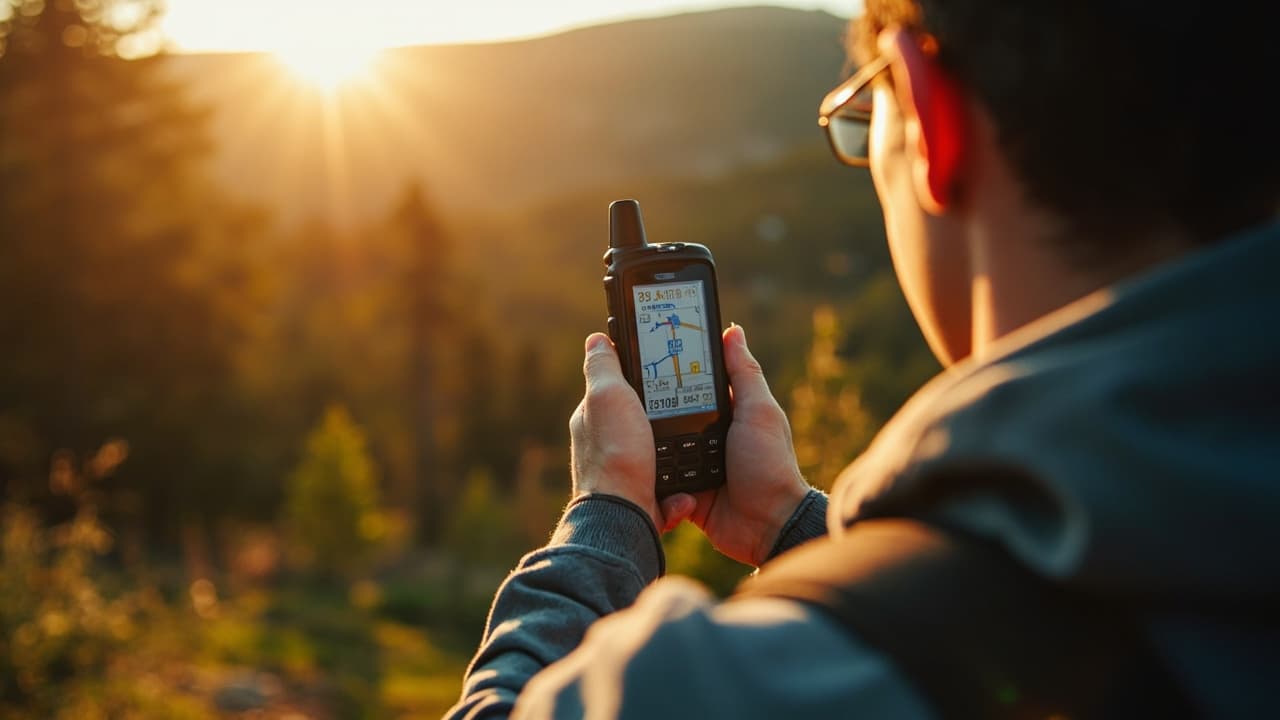 A hiker uses a handheld GPS device with a map display at sunset in a mountainous outdoor setting.