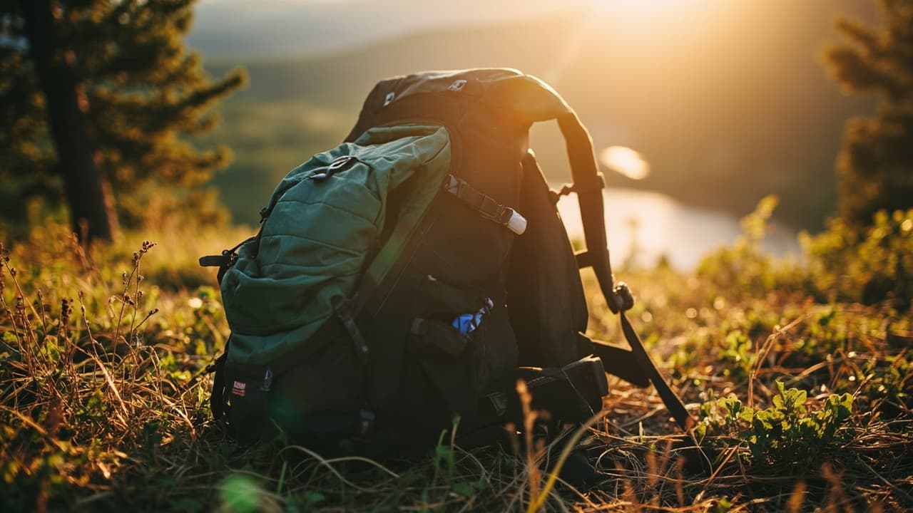 Green and black hiking backpack resting on grass at sunset with a river and mountains in the background.