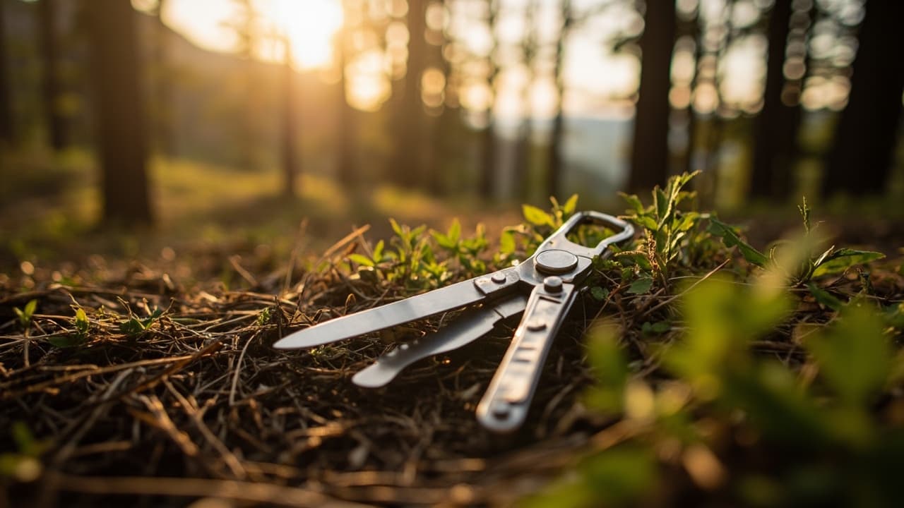 A silver multi-tool lies on pine needles and grass in a sunlit forest at golden hour.