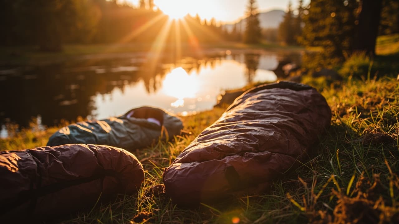 Two sleeping bags rest on grass beside a calm lake at sunset, with sunlight flaring through distant trees.