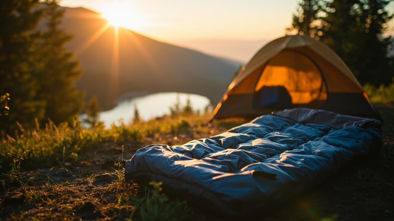 A blue sleeping bag and orange tent sit on a hillside at sunset, overlooking a mountain lake framed by trees.