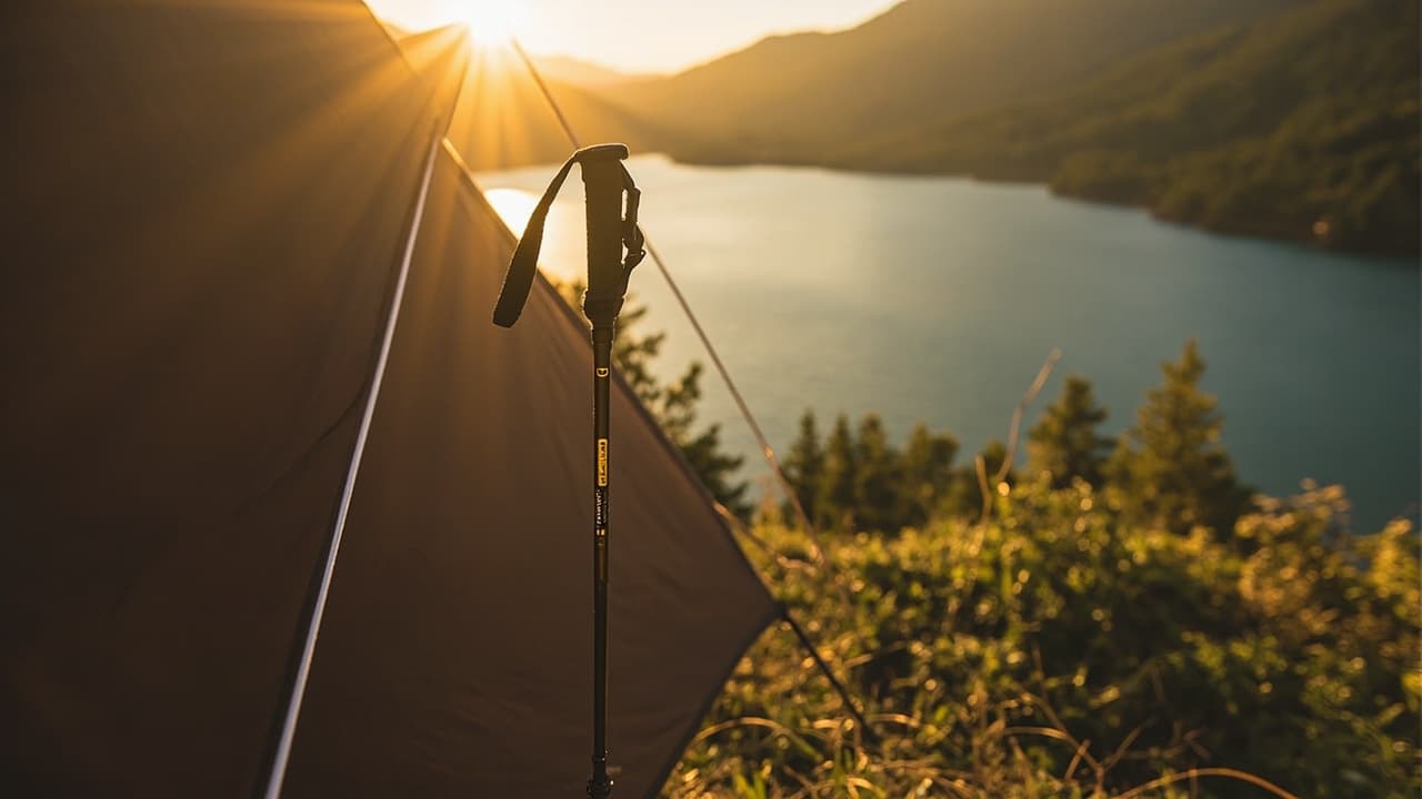 Trekking pole leaning against a tent at golden hour, overlooking a serene mountain lake.