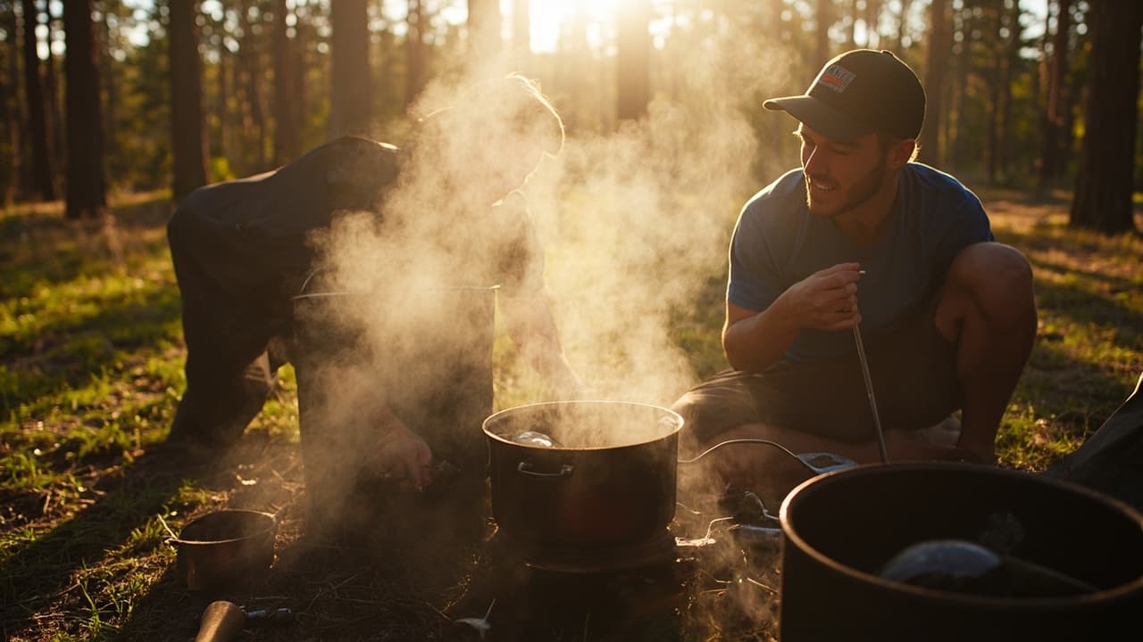 Two people cook over steaming pots on a campfire in a sunlit pine forest at golden hour.