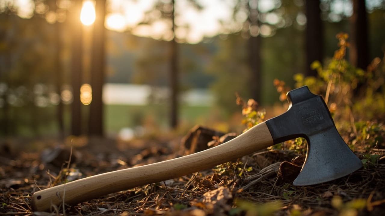 A camping axe with a wooden handle rests on the forest floor as golden sunlight shines through the trees.