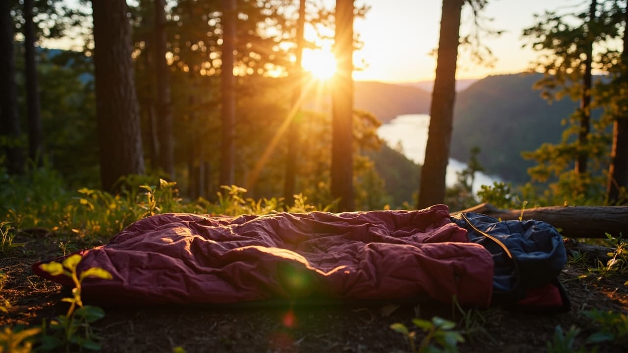 A maroon sleeping bag lies unfurled on a forest floor at sunset, overlooking a distant lake nestled between mountains.