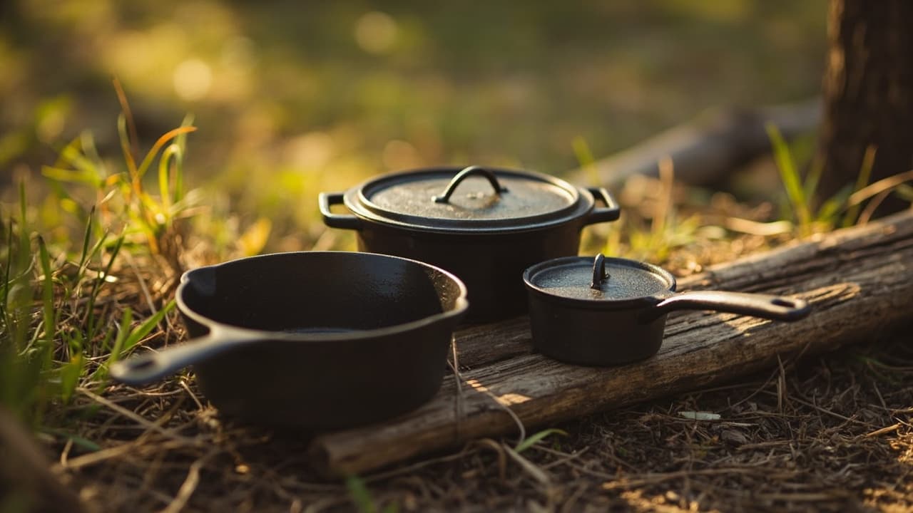 Three black cast iron Dutch ovens and skillets rest on weathered logs in a sunlit forest clearing.