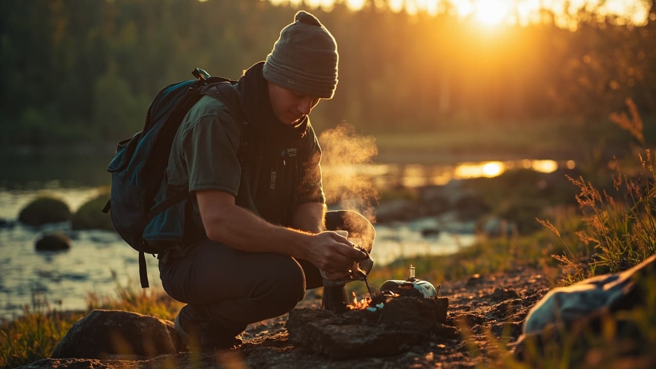 A backpacker in a beanie crouches by a lakeside campfire at sunset, cooking over the flames with a steaming pot.