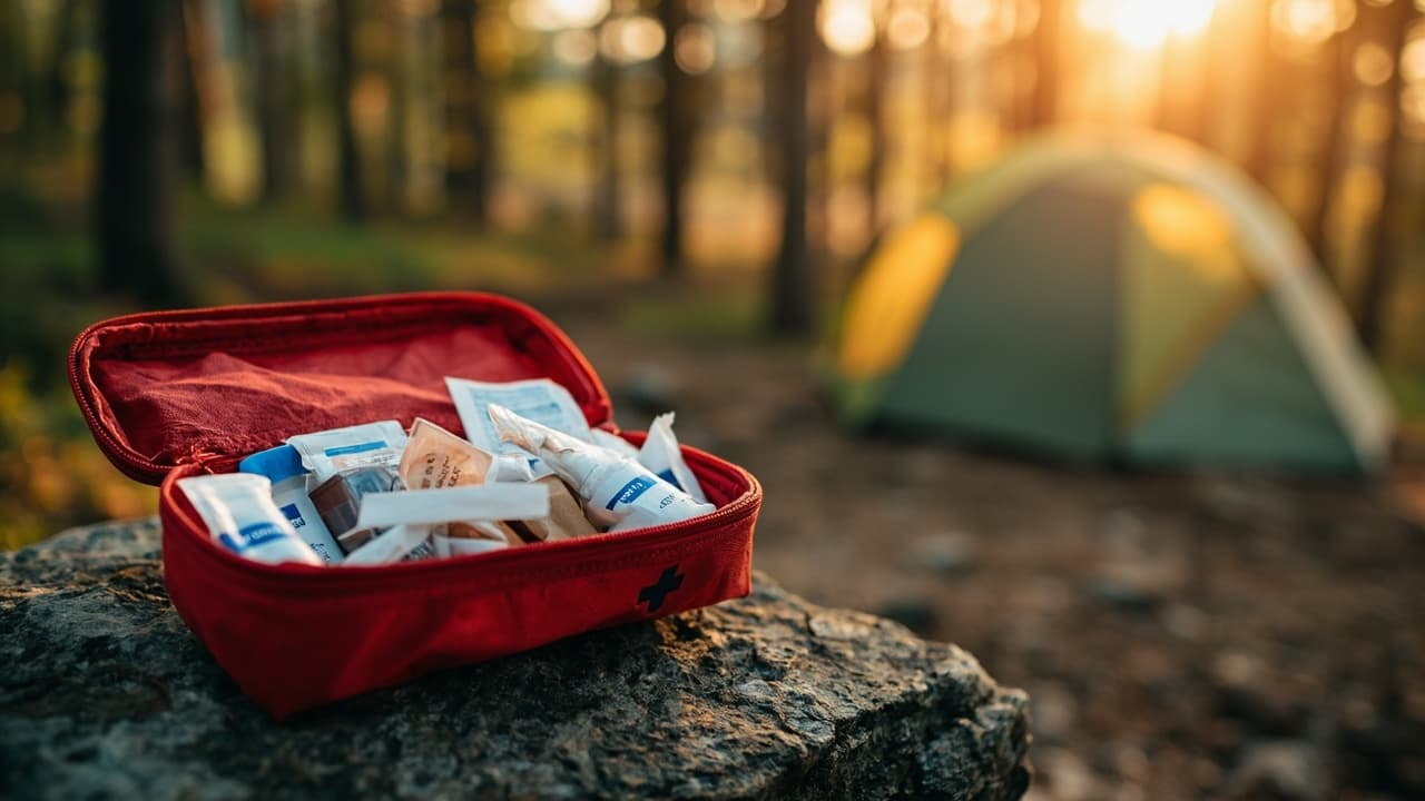 Open red first aid kit on a forest rock, with a green and yellow tent and sunlit trees in the background at sunset.