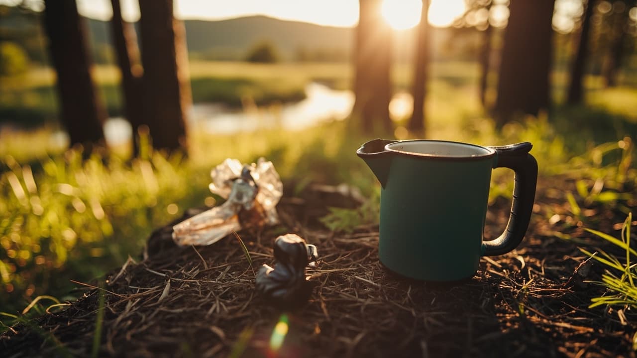 A teal enamel camping mug sits on forest floor debris at golden hour, with crumpled foil and a small figurine beside it.
