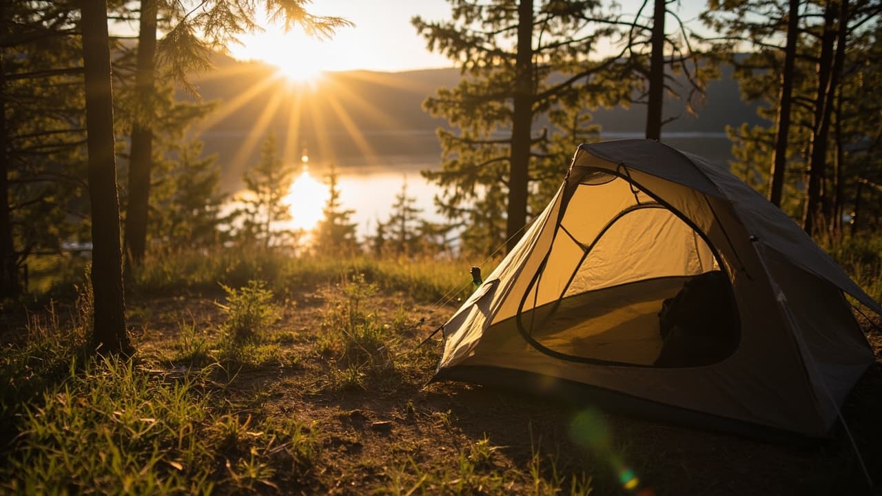 An open beige camping tent pitched in a forest overlooking a lake bathed in bright sunrise light.