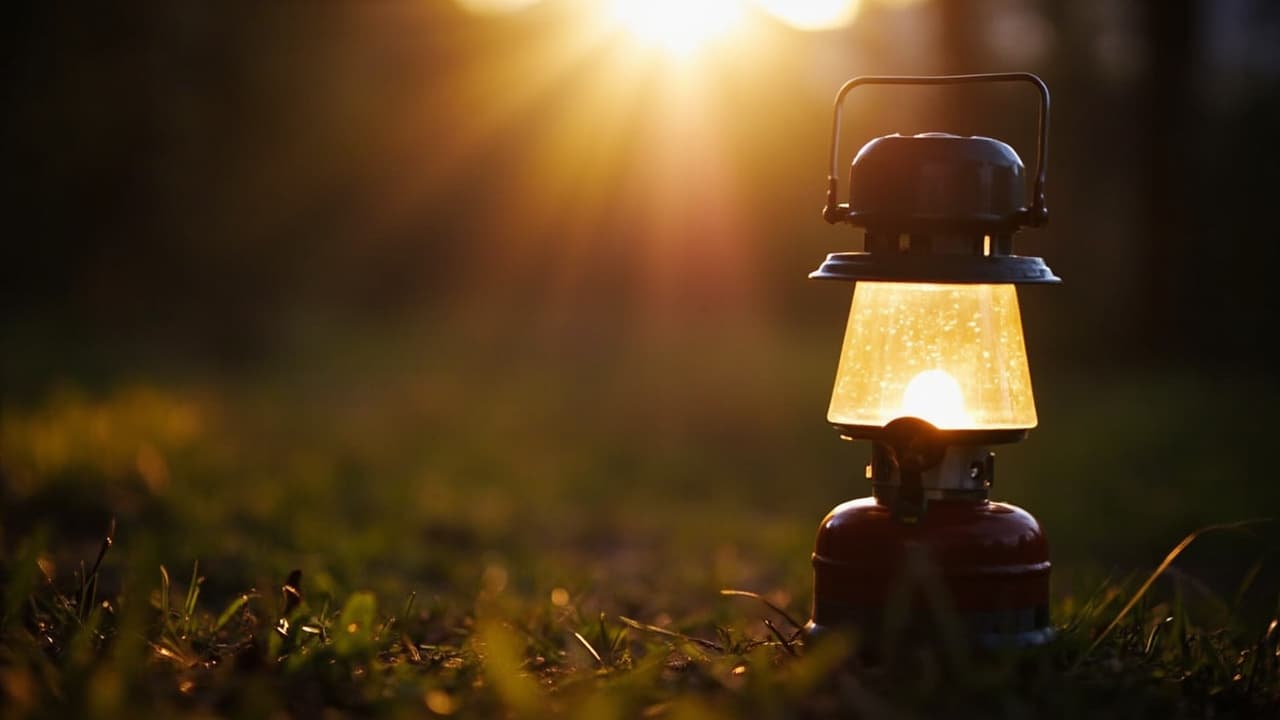 A small red camping lantern glows on grass at sunset, backlit by golden sunlight.