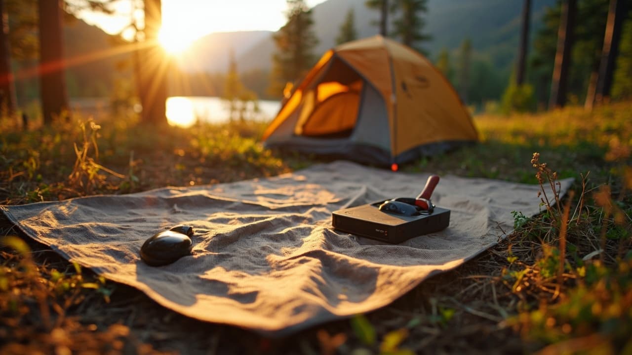Camping gear lies on a blanket in front of an orange tent pitched in a forest by a lake at sunset.