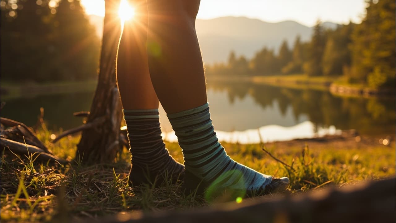 Hiker's legs in striped wool socks stand on grass beside a sunlit lake at golden hour.
