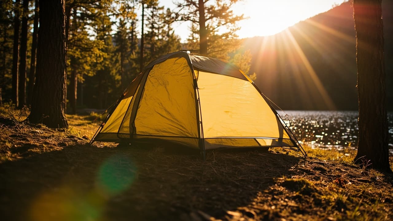 Yellow dome tent pitched at the edge of a pine forest beside a lake, glowing in golden sunset light.