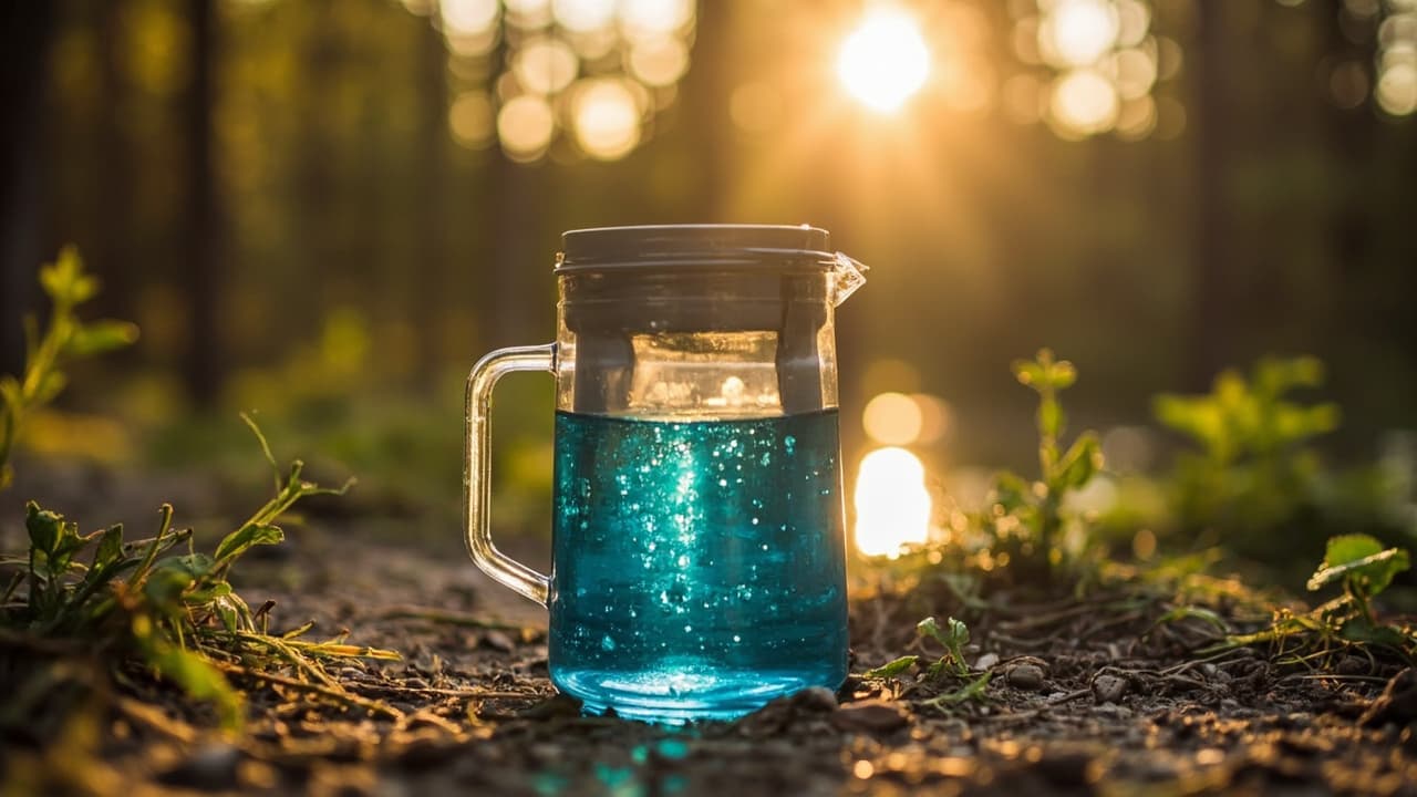 A clear glass pitcher filled with blue liquid sits on dirt ground in a forest during a golden sunset.