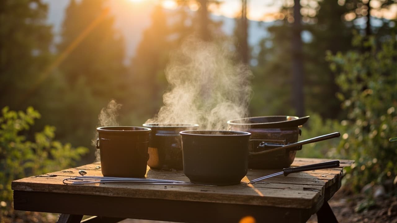 Steam rises from metal cookware and cups on a weathered wooden picnic table at sunset in a forested campsite.