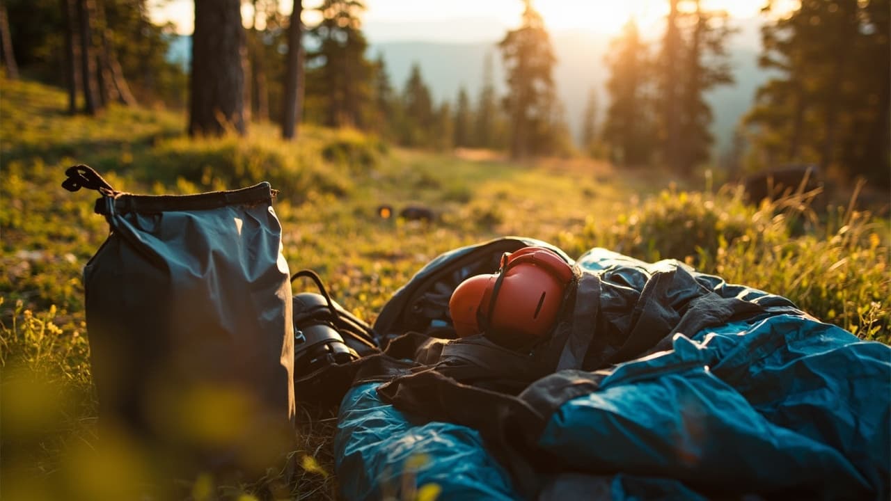Camping gear including a dry bag, red headphones, and a blue sleeping bag rests in a sunlit forest meadow at sunset.