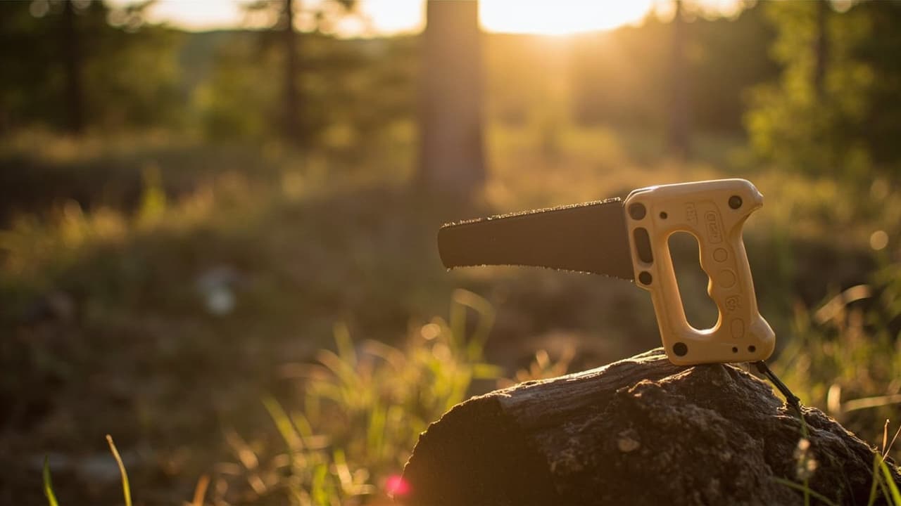 Compact hand saw with tan grip resting on a mossy rock in a sunlit forest clearing at golden hour.