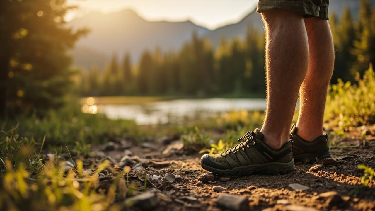 A person wearing green hiking shoes stands on a dirt trail near a mountain lake at sunset.