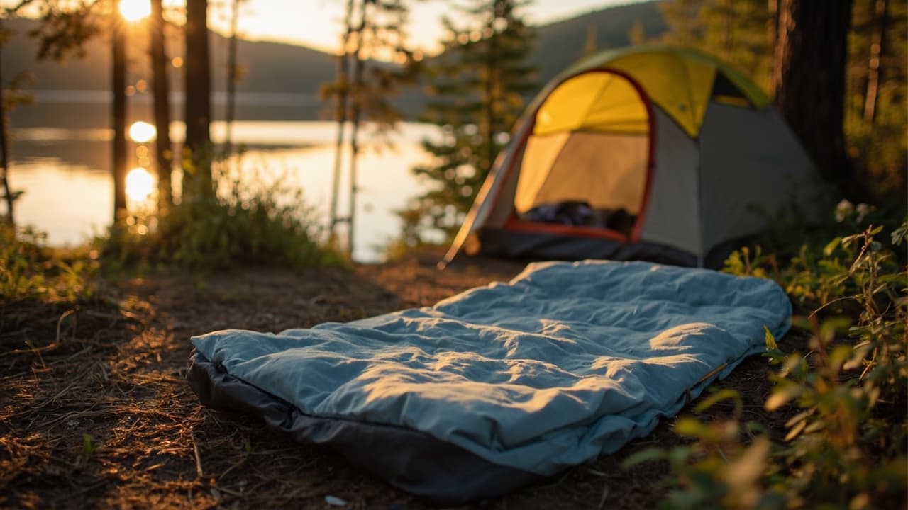 A blue sleeping bag lies on the ground near a glowing yellow tent at a lakeside campsite at sunset.