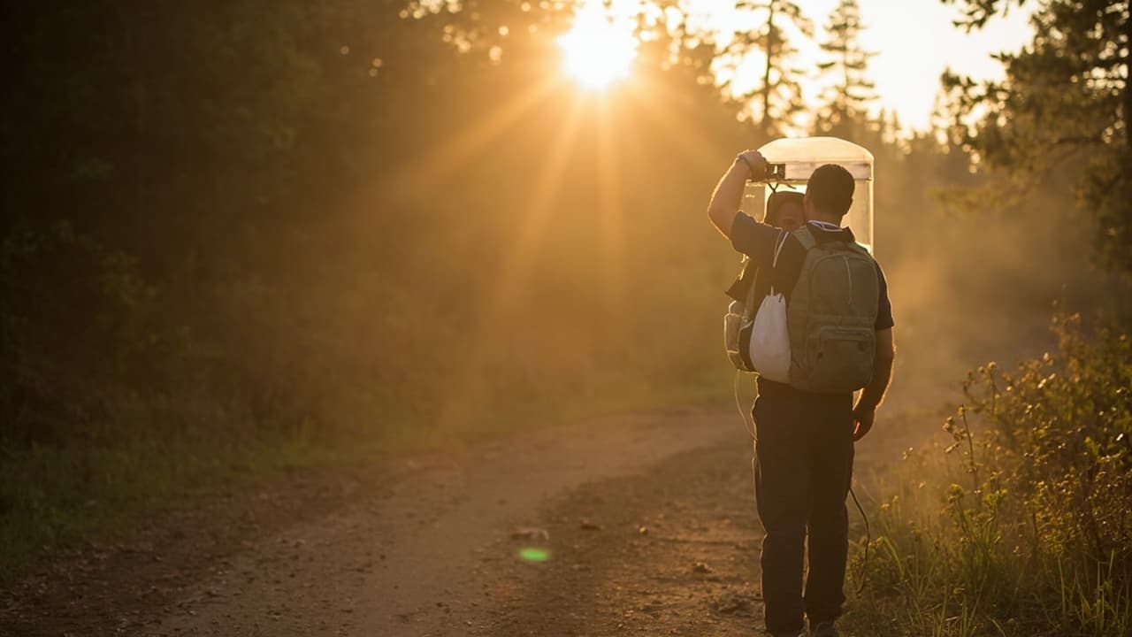 A hiker wearing a backpack and clear head dome stands on a dirt path as the sun shines through forest trees.