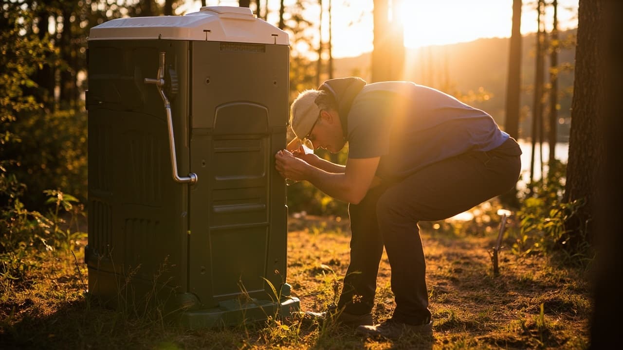 A man crouches to inspect a green portable camping toilet in a forest setting at sunset.