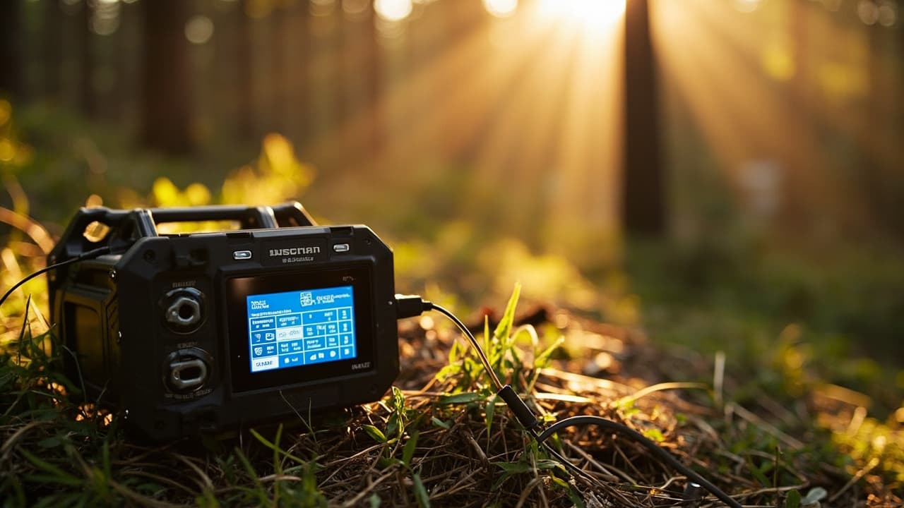 A rugged black portable power station with a blue screen sits on grassy ground in a sunlit forest.