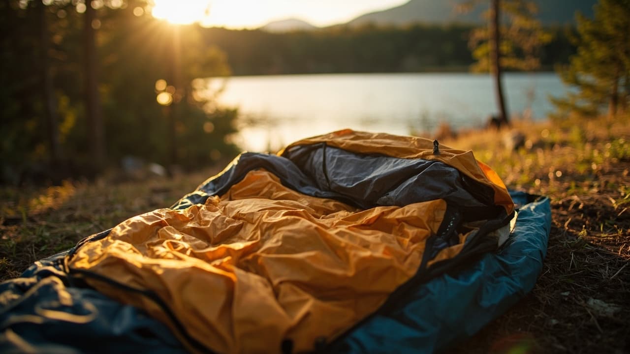 An orange and teal sleeping bag lies open on a forest floor beside a calm lake at golden hour sunset.