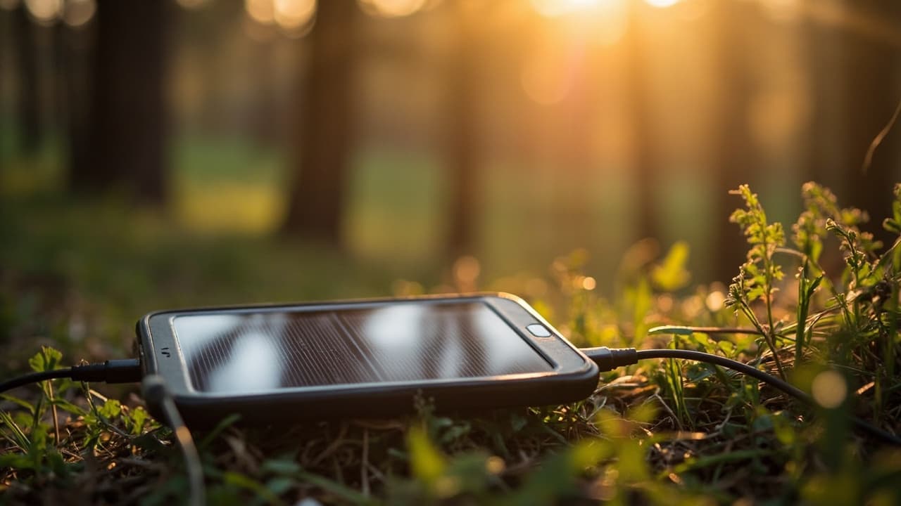 A black portable solar charger with connected cables lies in grass under warm golden hour sunlight.