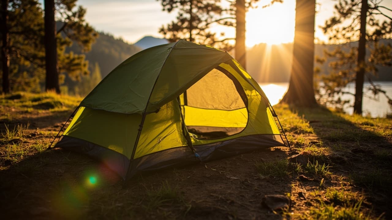 Green tent set up in a forest clearing at sunset near a lake.