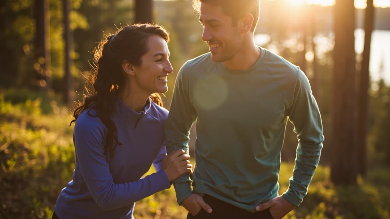 A smiling man and woman in long-sleeve athletic tops stand in a forest bathed in golden hour sunlight.