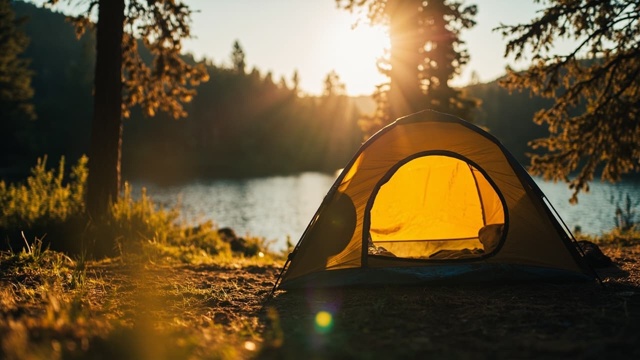 A glowing orange tent pitched lakeside at sunset, surrounded by pine trees and tall grass.