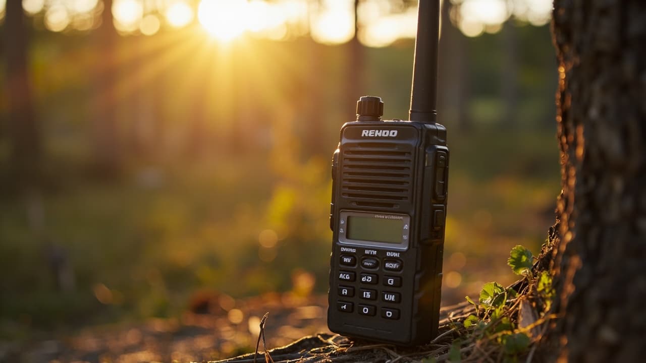 Black handheld two-way radio with extended antenna propped against a tree at golden hour in a forest.