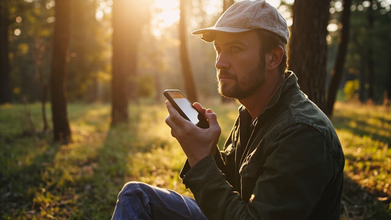 A bearded man wearing a cap holds a smartphone near his face in a sunlit forest.