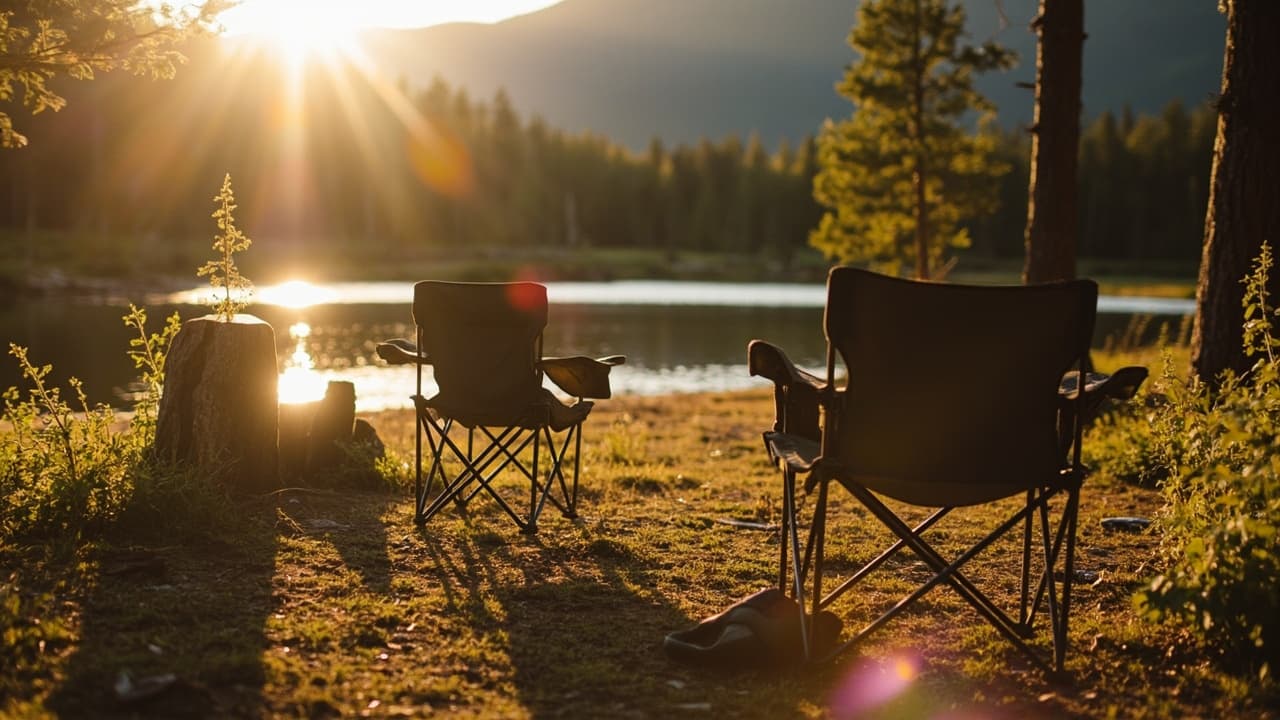 Two camping chairs sit on grass beside a lake at sunset, with a forest and mountains in the background.