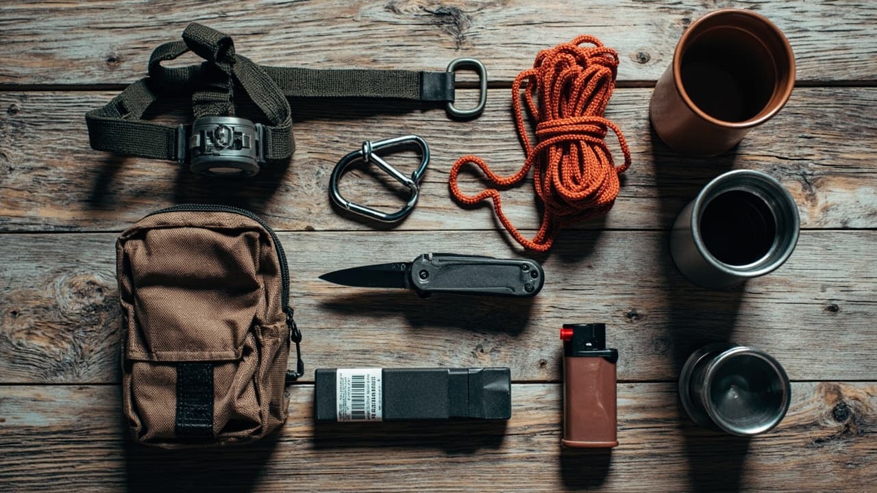 Tactical headlamp, brown pouch, carabiner, paracord, knife, fire starter, lighter, and metal cups arranged on weathered wood.