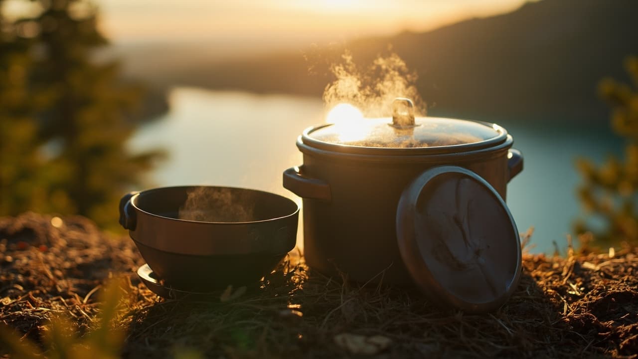 Steaming camping pot and bowl beside a lake at sunset.