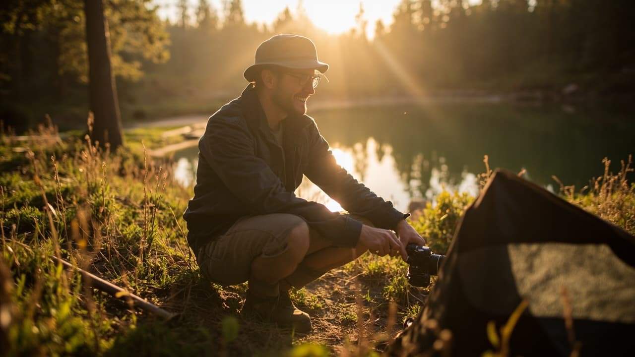 A smiling man in a hat and jacket crouches by a lakeside at golden hour, holding a camera beside a partially visible tent.