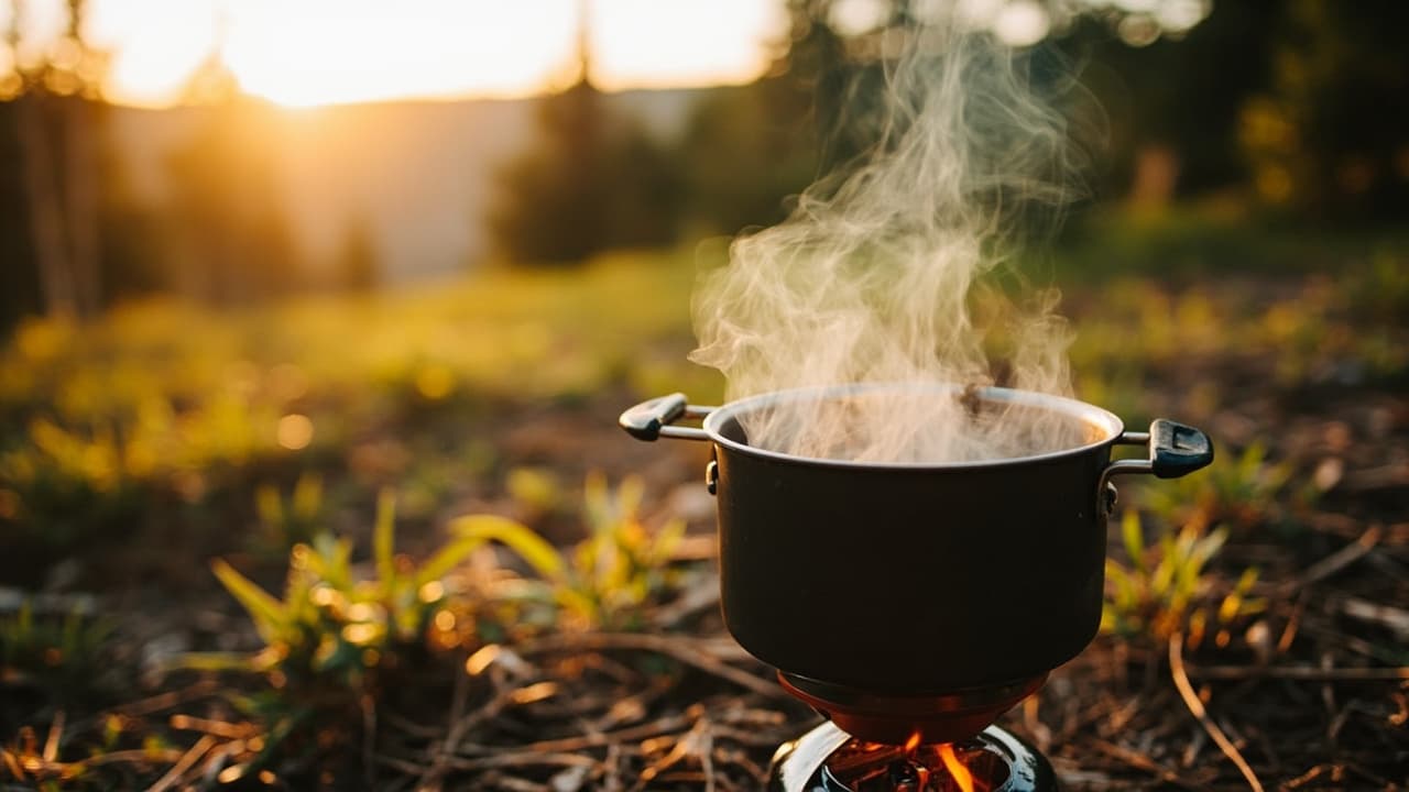 A steaming black camping pot sits over a small flame on a grassy forest floor at golden hour.