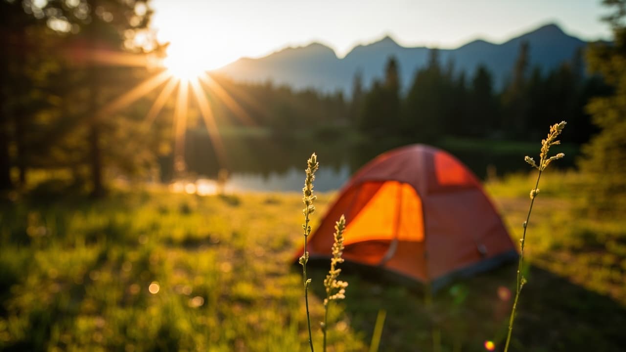 Red dome tent glowing beside a calm lake at sunrise, framed by tall grass and distant mountains.
