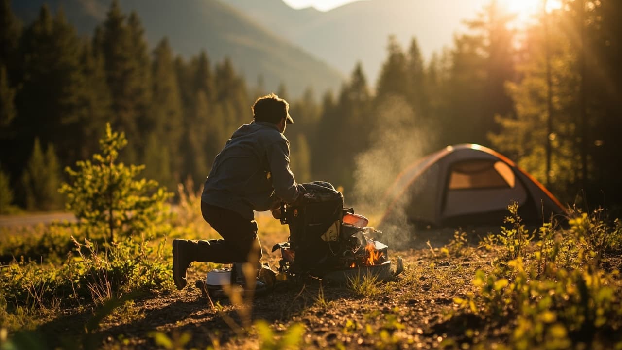 Campers preparing gear beside a small campfire at sunset, with a dome tent pitched nearby in a mountain clearing.