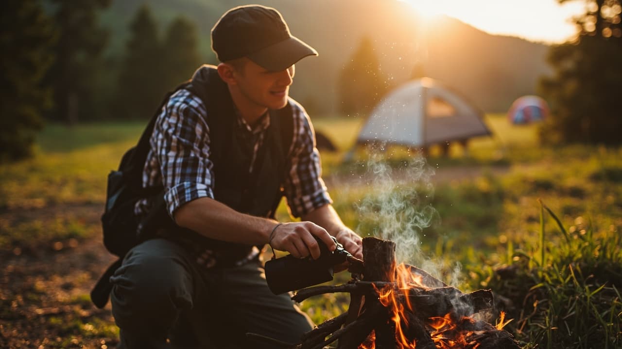 A man wearing a backpack crouches near a small campfire at sunset with tents pitched in the background.