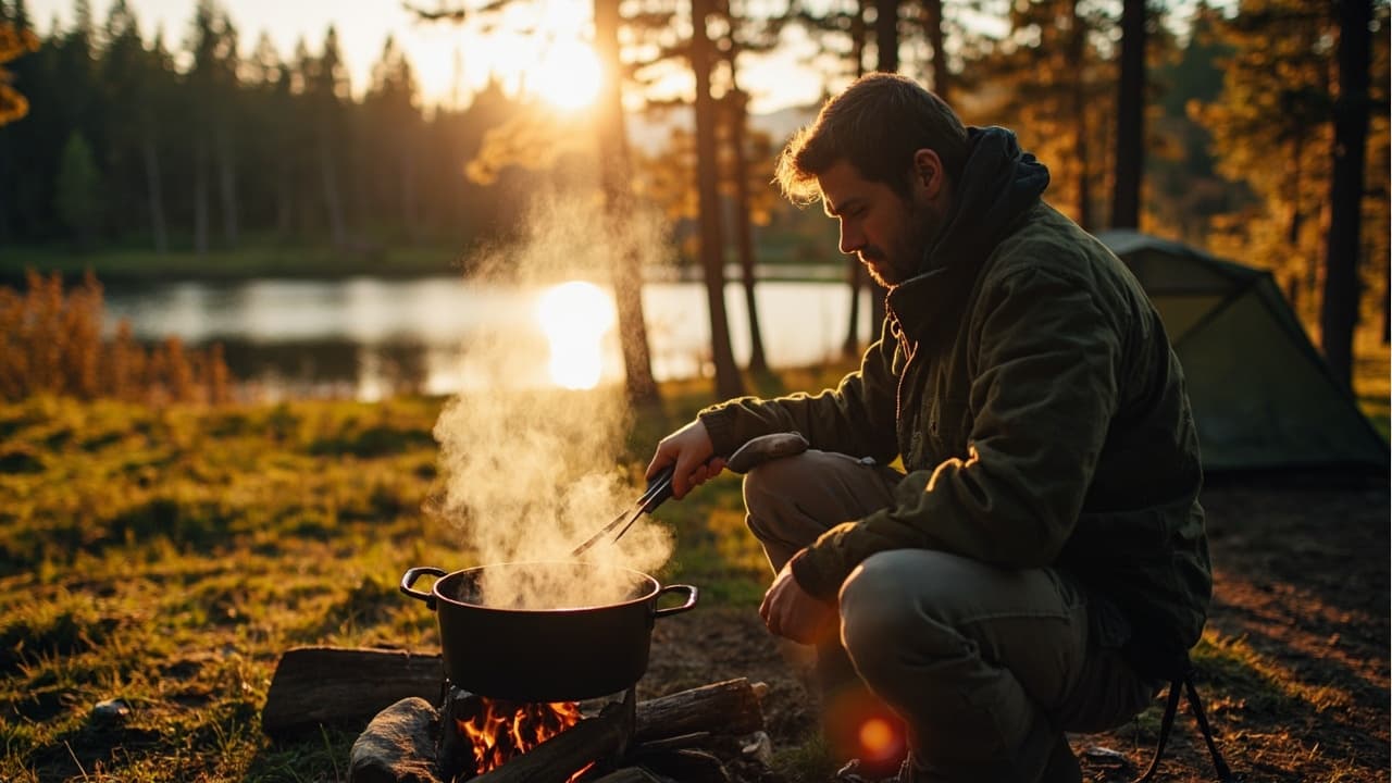 A camper crouches near a lake at sunset, stirring a steaming pot over an open campfire beside a tent.